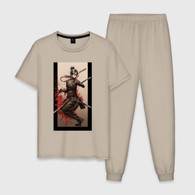 Мужская пижама хлопок с принтом девушка самурай японский стиль в Кировске, 100% хлопок | брюки и футболка прямого кроя, без карманов, на брюках мягкая резинка на поясе и по низу штанин
 | 