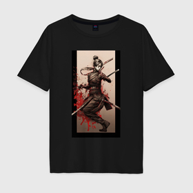 Мужская футболка хлопок Oversize с принтом девушка самурай японский стиль в Петрозаводске, 100% хлопок | свободный крой, круглый ворот, “спинка” длиннее передней части | 