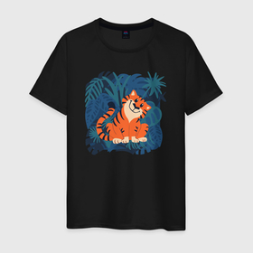 Мужская футболка хлопок с принтом Тигренок в джунглях в Курске, 100% хлопок | прямой крой, круглый вырез горловины, длина до линии бедер, слегка спущенное плечо. | 