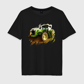 Мужская футболка хлопок Oversize с принтом Farming Simulator   brushstroke в Кировске, 100% хлопок | свободный крой, круглый ворот, “спинка” длиннее передней части | Тематика изображения на принте: 