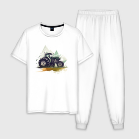 Мужская пижама хлопок с принтом Farming Simulator   Tractor and mountains в Кировске, 100% хлопок | брюки и футболка прямого кроя, без карманов, на брюках мягкая резинка на поясе и по низу штанин
 | 