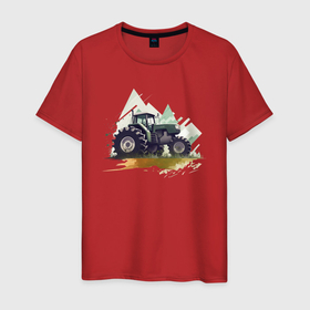 Мужская футболка хлопок с принтом Farming Simulator   Tractor and mountains в Тюмени, 100% хлопок | прямой крой, круглый вырез горловины, длина до линии бедер, слегка спущенное плечо. | 