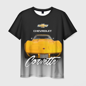 Мужская футболка 3D с принтом Американская машина Chevrolet Corvette 70 х годов , 100% полиэфир | прямой крой, круглый вырез горловины, длина до линии бедер | 