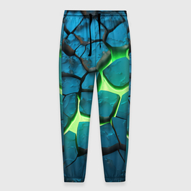 Мужские брюки 3D с принтом синие плиты и зеленая лава в Кировске, 100% полиэстер | манжеты по низу, эластичный пояс регулируется шнурком, по бокам два кармана без застежек, внутренняя часть кармана из мелкой сетки | 
