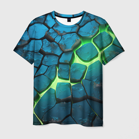 Мужская футболка 3D с принтом синие плиты и зеленая лава в Екатеринбурге, 100% полиэфир | прямой крой, круглый вырез горловины, длина до линии бедер | 