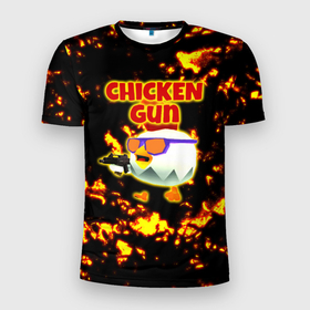 Мужская футболка 3D Slim с принтом Chicken Gun на фоне огня в Тюмени, 100% полиэстер с улучшенными характеристиками | приталенный силуэт, круглая горловина, широкие плечи, сужается к линии бедра | 