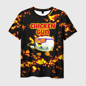Мужская футболка 3D с принтом Chicken Gun на фоне огня в Тюмени, 100% полиэфир | прямой крой, круглый вырез горловины, длина до линии бедер | 