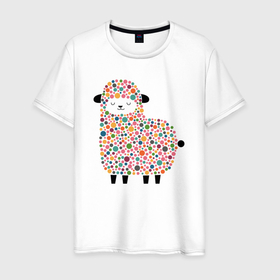 Мужская футболка хлопок с принтом Цветная овечка в Новосибирске, 100% хлопок | прямой крой, круглый вырез горловины, длина до линии бедер, слегка спущенное плечо. | 