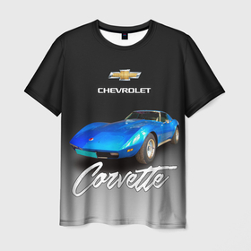 Мужская футболка 3D с принтом Синий Chevrolet Corvette 70 х годов в Курске, 100% полиэфир | прямой крой, круглый вырез горловины, длина до линии бедер | 