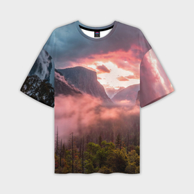 Мужская футболка oversize 3D с принтом Далёкие горы и туман в Новосибирске,  |  | 