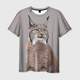 Мужская футболка 3D с принтом Рысь дикая кошка в Екатеринбурге, 100% полиэфир | прямой крой, круглый вырез горловины, длина до линии бедер | 