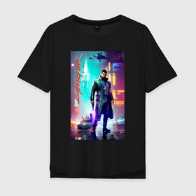 Мужская футболка хлопок Oversize с принтом Cyberpunk 2077   neural network   night в Курске, 100% хлопок | свободный крой, круглый ворот, “спинка” длиннее передней части | 