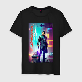 Мужская футболка хлопок с принтом Cyberpunk 2077   neural network   night в Белгороде, 100% хлопок | прямой крой, круглый вырез горловины, длина до линии бедер, слегка спущенное плечо. | 
