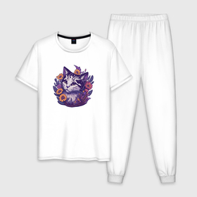 Мужская пижама хлопок с принтом Милый котик и полевые цветы в Кировске, 100% хлопок | брюки и футболка прямого кроя, без карманов, на брюках мягкая резинка на поясе и по низу штанин
 | 