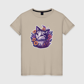 Женская футболка хлопок с принтом Милый котик и полевые цветы в Петрозаводске, 100% хлопок | прямой крой, круглый вырез горловины, длина до линии бедер, слегка спущенное плечо | 
