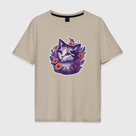 Мужская футболка хлопок Oversize с принтом Милый котик и полевые цветы , 100% хлопок | свободный крой, круглый ворот, “спинка” длиннее передней части | 