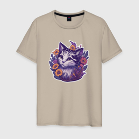 Мужская футболка хлопок с принтом Милый котик и полевые цветы , 100% хлопок | прямой крой, круглый вырез горловины, длина до линии бедер, слегка спущенное плечо. | 