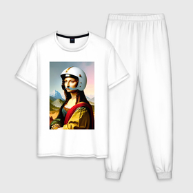 Мужская пижама хлопок с принтом Мона Лиза в шлеме   нейросеть в Белгороде, 100% хлопок | брюки и футболка прямого кроя, без карманов, на брюках мягкая резинка на поясе и по низу штанин
 | 