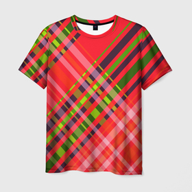 Мужская футболка 3D с принтом Геометрический узор красно зеленый ассиметричный в Белгороде, 100% полиэфир | прямой крой, круглый вырез горловины, длина до линии бедер | 