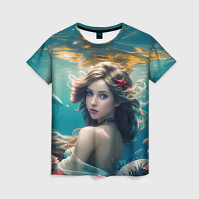 Женская футболка 3D с принтом Девушка русалка в Санкт-Петербурге, 100% полиэфир ( синтетическое хлопкоподобное полотно) | прямой крой, круглый вырез горловины, длина до линии бедер | 