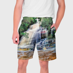 Мужские шорты 3D с принтом Мощный водопад в Екатеринбурге,  полиэстер 100% | прямой крой, два кармана без застежек по бокам. Мягкая трикотажная резинка на поясе, внутри которой широкие завязки. Длина чуть выше колен | Тематика изображения на принте: 