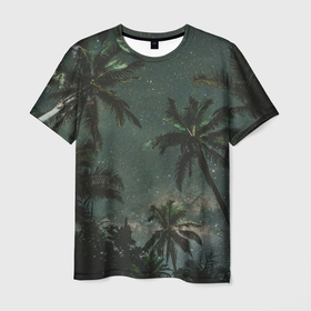 Мужская футболка 3D с принтом Пальмы под звёздным небом в Курске, 100% полиэфир | прямой крой, круглый вырез горловины, длина до линии бедер | 