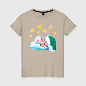 Женская футболка хлопок с принтом Снежная королева сладко спит , 100% хлопок | прямой крой, круглый вырез горловины, длина до линии бедер, слегка спущенное плечо | 