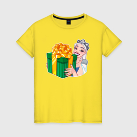 Женская футболка хлопок с принтом Снежная королева получила подарок в Петрозаводске, 100% хлопок | прямой крой, круглый вырез горловины, длина до линии бедер, слегка спущенное плечо | 