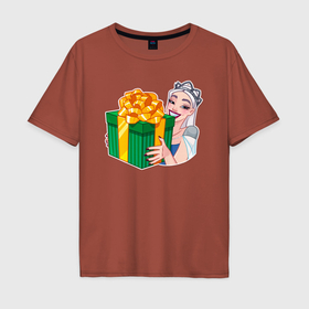Мужская футболка хлопок Oversize с принтом Снежная королева получила подарок в Белгороде, 100% хлопок | свободный крой, круглый ворот, “спинка” длиннее передней части | Тематика изображения на принте: 