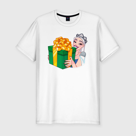 Мужская футболка хлопок Slim с принтом Снежная королева получила подарок в Белгороде, 92% хлопок, 8% лайкра | приталенный силуэт, круглый вырез ворота, длина до линии бедра, короткий рукав | Тематика изображения на принте: 
