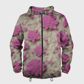 Мужская ветровка 3D с принтом Розовые цветы объемные в Санкт-Петербурге, 100% полиэстер | подол и капюшон оформлены резинкой с фиксаторами, два кармана без застежек по бокам, один потайной карман на груди | 