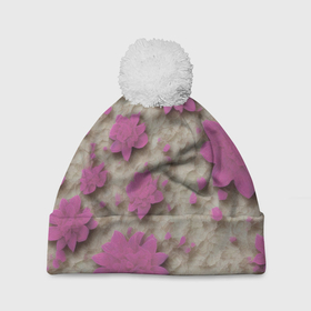Шапка 3D c помпоном с принтом Розовые цветы объемные в Тюмени, 100% полиэстер | универсальный размер, печать по всей поверхности изделия | 