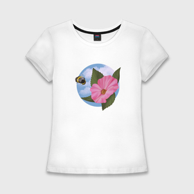 Женская футболка хлопок Slim с принтом Шиповник и пчелка в Кировске,  |  | 