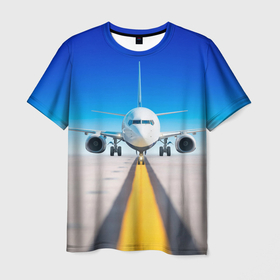 Мужская футболка 3D с принтом Самолёт на взлётной полосе в Кировске, 100% полиэфир | прямой крой, круглый вырез горловины, длина до линии бедер | 