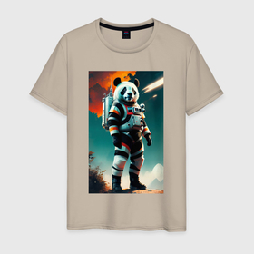 Мужская футболка хлопок с принтом Панда космонавт на похожей планете , 100% хлопок | прямой крой, круглый вырез горловины, длина до линии бедер, слегка спущенное плечо. | 
