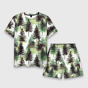 Мужской костюм с шортами 3D с принтом Хвойный лес   акварель в зеленых тонах ,  |  | 