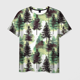 Мужская футболка 3D с принтом Хвойный лес   акварель в зеленых тонах в Петрозаводске, 100% полиэфир | прямой крой, круглый вырез горловины, длина до линии бедер | 