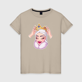 Женская футболка хлопок с принтом Снежная королева надевает корону в Тюмени, 100% хлопок | прямой крой, круглый вырез горловины, длина до линии бедер, слегка спущенное плечо | 