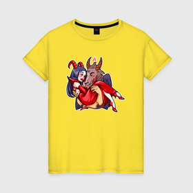 Женская футболка хлопок с принтом Дьяволица и чудовище в Кировске, 100% хлопок | прямой крой, круглый вырез горловины, длина до линии бедер, слегка спущенное плечо | 