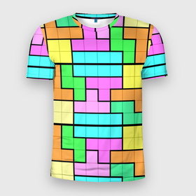 Мужская футболка 3D Slim с принтом Стена из блоков тетриса в Екатеринбурге, 100% полиэстер с улучшенными характеристиками | приталенный силуэт, круглая горловина, широкие плечи, сужается к линии бедра | 