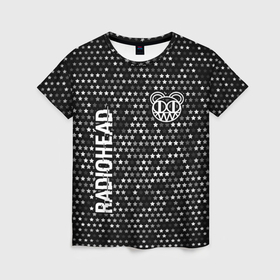 Женская футболка 3D с принтом Radiohead glitch на темном фоне: надпись, символ в Кировске, 100% полиэфир ( синтетическое хлопкоподобное полотно) | прямой крой, круглый вырез горловины, длина до линии бедер | 