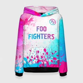 Женская толстовка 3D с принтом Foo Fighters neon gradient style: символ сверху в Курске, 100% полиэстер  | двухслойный капюшон со шнурком для регулировки, мягкие манжеты на рукавах и по низу толстовки, спереди карман-кенгуру с мягким внутренним слоем. | 