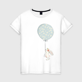Женская футболка хлопок с принтом милый кролик с шариком в цветочек в Петрозаводске, 100% хлопок | прямой крой, круглый вырез горловины, длина до линии бедер, слегка спущенное плечо | 