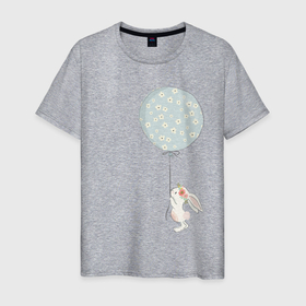 Мужская футболка хлопок с принтом милый кролик с шариком в цветочек в Белгороде, 100% хлопок | прямой крой, круглый вырез горловины, длина до линии бедер, слегка спущенное плечо. | 