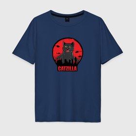 Мужская футболка хлопок Oversize с принтом Catzilla в ярости в Санкт-Петербурге, 100% хлопок | свободный крой, круглый ворот, “спинка” длиннее передней части | Тематика изображения на принте: 
