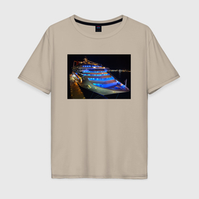 Мужская футболка хлопок Oversize с принтом Яхта в ночном порту в Кировске, 100% хлопок | свободный крой, круглый ворот, “спинка” длиннее передней части | Тематика изображения на принте: 
