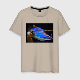 Мужская футболка хлопок с принтом Яхта в ночном порту в Кировске, 100% хлопок | прямой крой, круглый вырез горловины, длина до линии бедер, слегка спущенное плечо. | Тематика изображения на принте: 