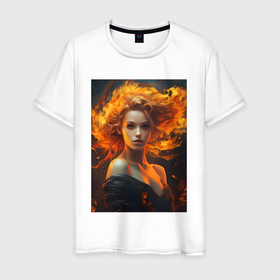 Мужская футболка хлопок с принтом Огненная девушка: созданная нейросетью в Екатеринбурге, 100% хлопок | прямой крой, круглый вырез горловины, длина до линии бедер, слегка спущенное плечо. | Тематика изображения на принте: 