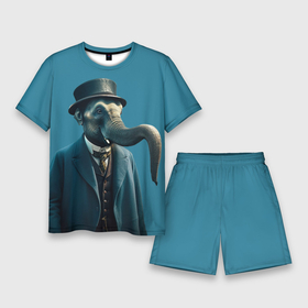 Мужской костюм с шортами 3D с принтом Слон джентельмен в смокинге и шляпе в Курске,  |  | 