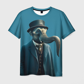 Мужская футболка 3D с принтом Слон джентельмен в смокинге и шляпе в Санкт-Петербурге, 100% полиэфир | прямой крой, круглый вырез горловины, длина до линии бедер | 